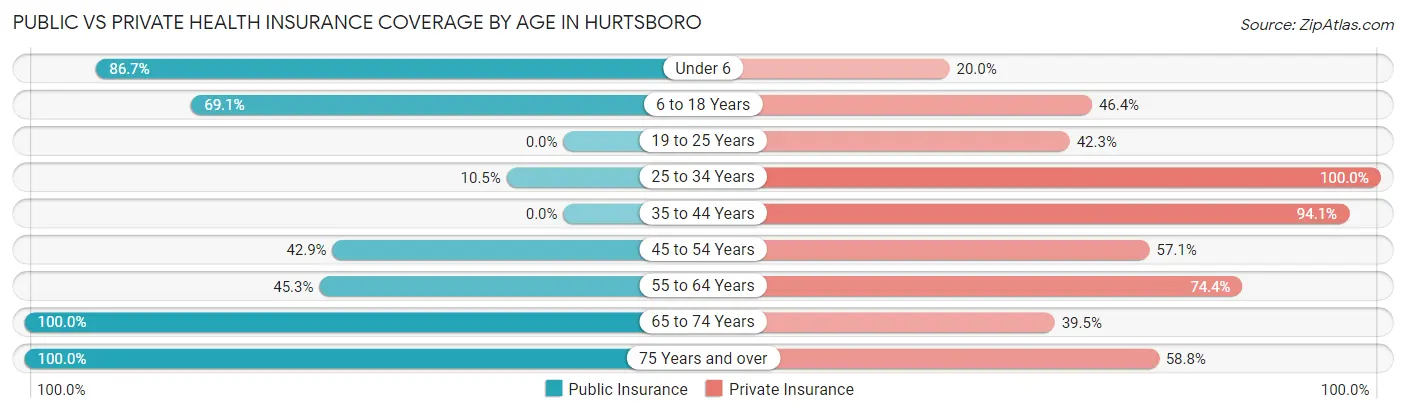 Public vs Private Health Insurance Coverage by Age in Hurtsboro