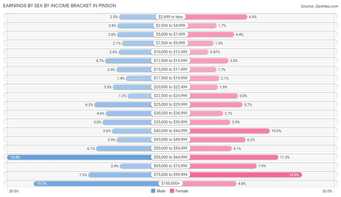 Earnings by Sex by Income Bracket in Pinson
