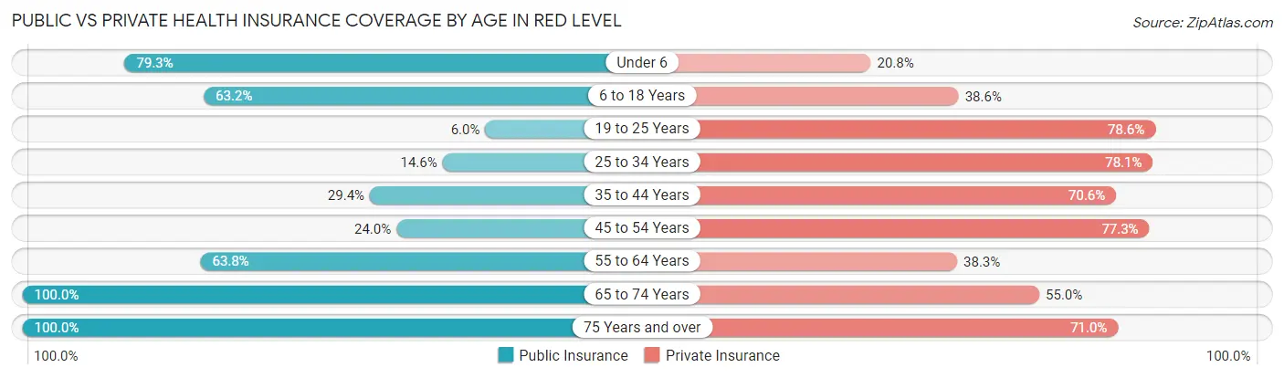 Public vs Private Health Insurance Coverage by Age in Red Level