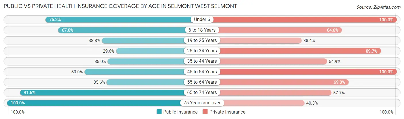 Public vs Private Health Insurance Coverage by Age in Selmont West Selmont