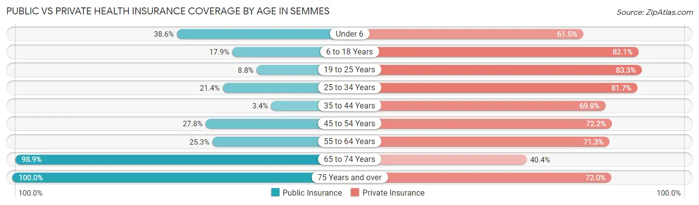 Public vs Private Health Insurance Coverage by Age in Semmes