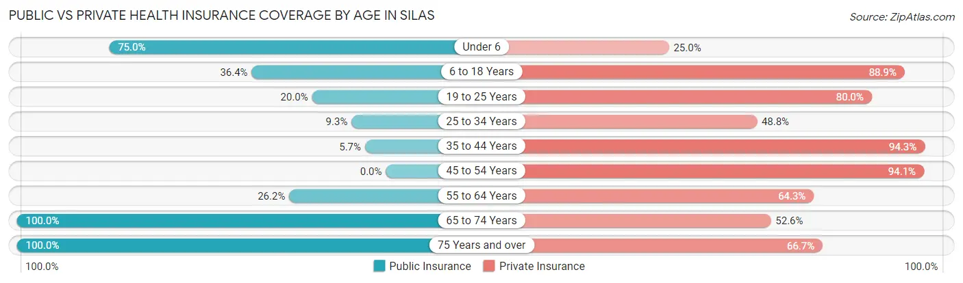 Public vs Private Health Insurance Coverage by Age in Silas