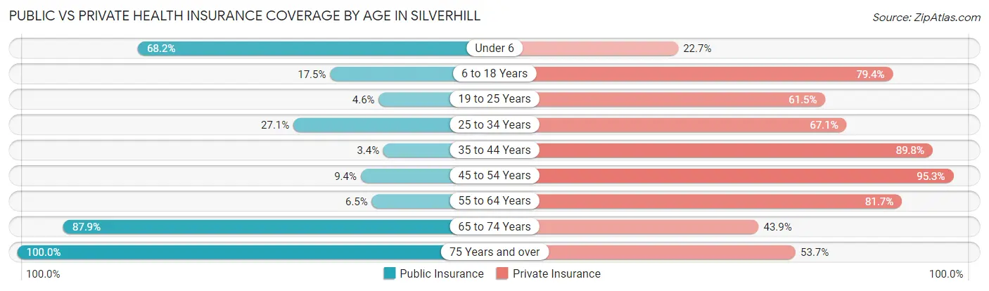 Public vs Private Health Insurance Coverage by Age in Silverhill