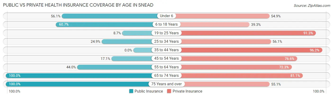Public vs Private Health Insurance Coverage by Age in Snead