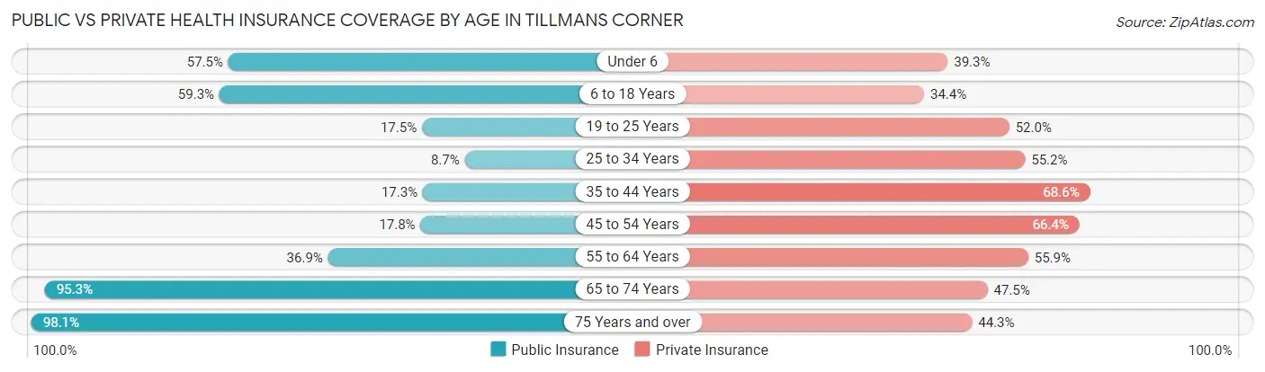 Public vs Private Health Insurance Coverage by Age in Tillmans Corner