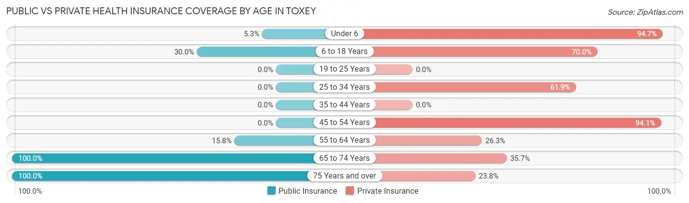 Public vs Private Health Insurance Coverage by Age in Toxey