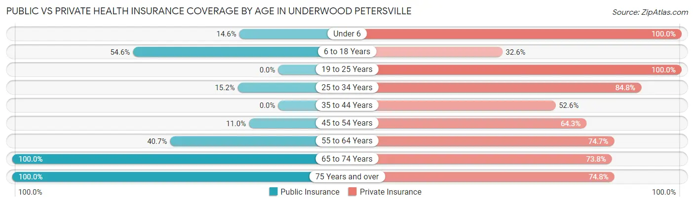 Public vs Private Health Insurance Coverage by Age in Underwood Petersville