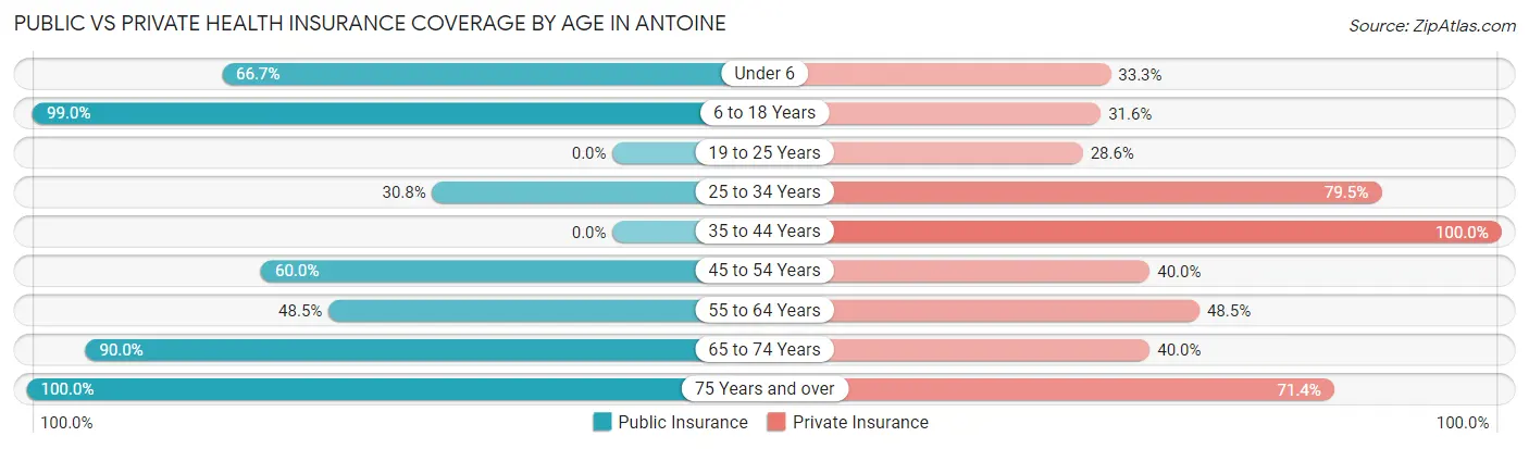 Public vs Private Health Insurance Coverage by Age in Antoine