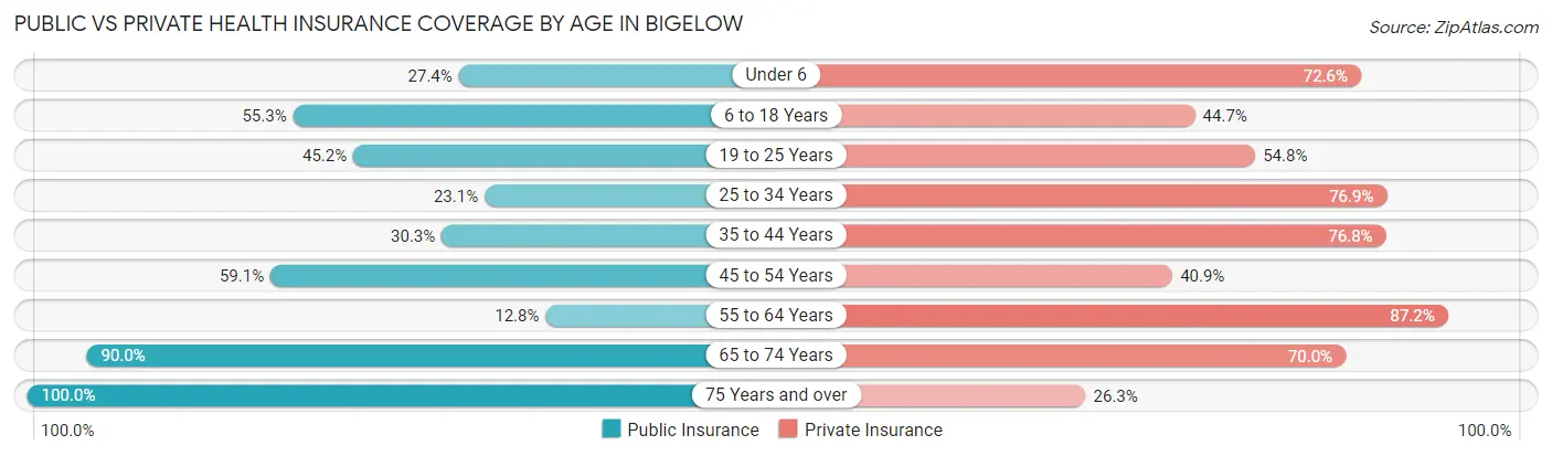Public vs Private Health Insurance Coverage by Age in Bigelow