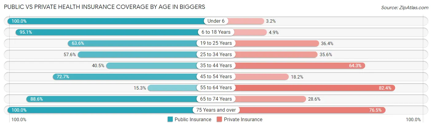 Public vs Private Health Insurance Coverage by Age in Biggers