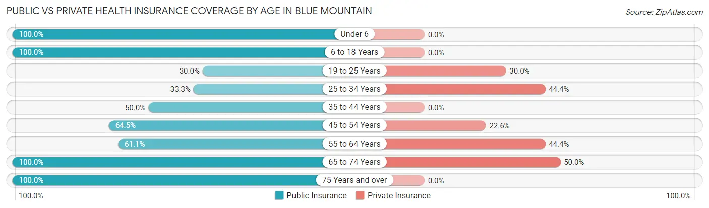Public vs Private Health Insurance Coverage by Age in Blue Mountain