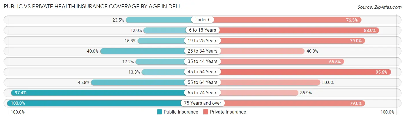 Public vs Private Health Insurance Coverage by Age in Dell