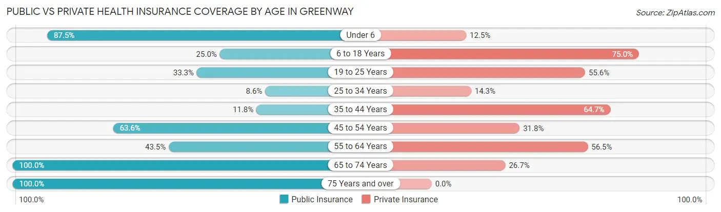 Public vs Private Health Insurance Coverage by Age in Greenway
