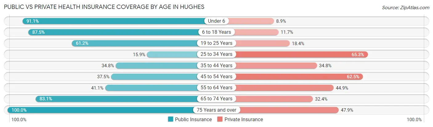 Public vs Private Health Insurance Coverage by Age in Hughes