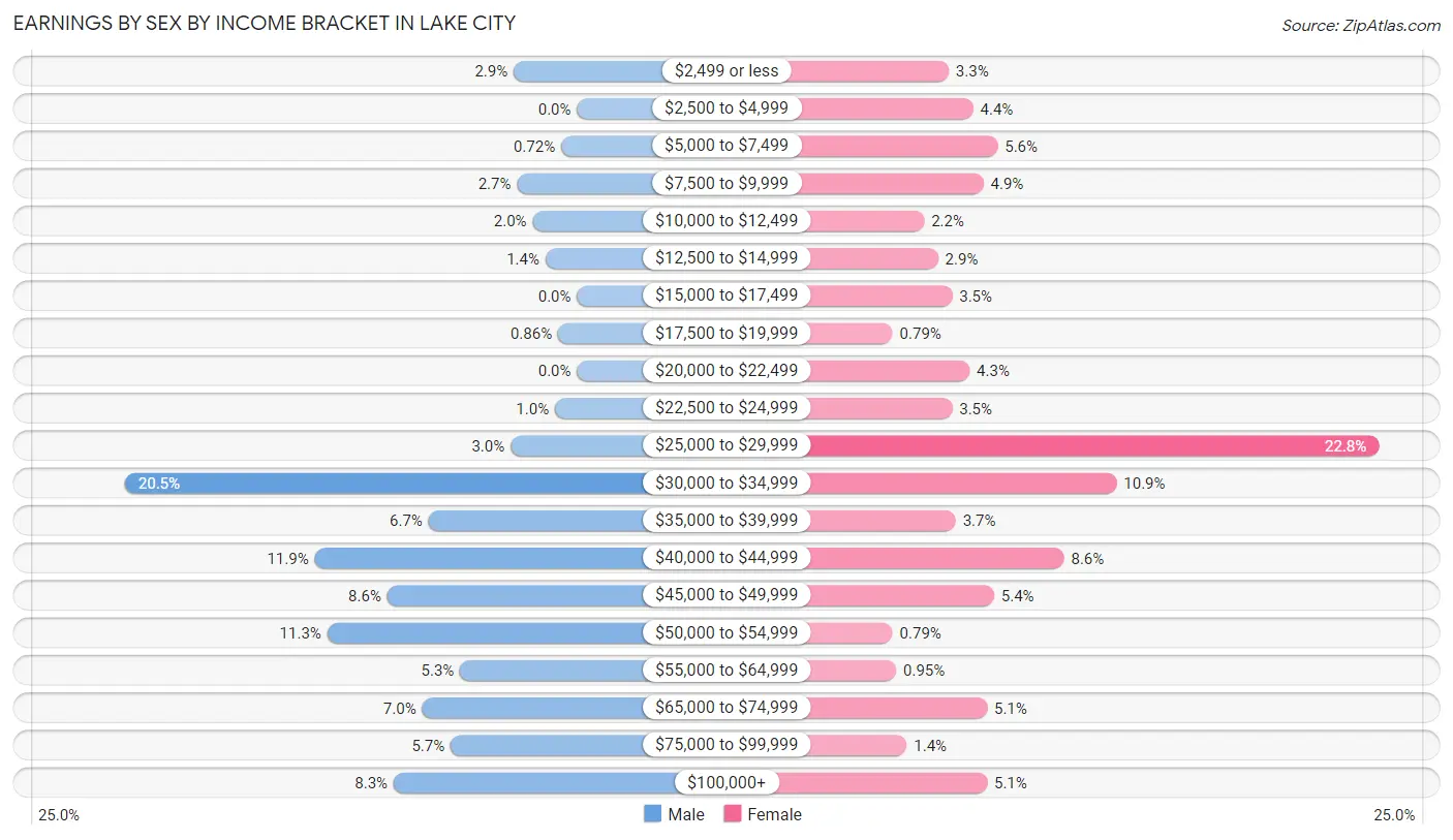 Earnings by Sex by Income Bracket in Lake City