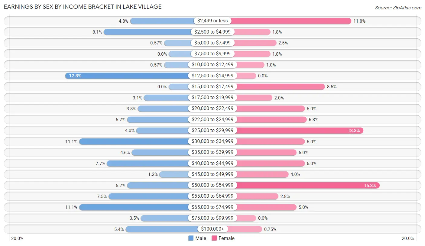 Earnings by Sex by Income Bracket in Lake Village