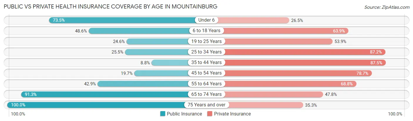 Public vs Private Health Insurance Coverage by Age in Mountainburg