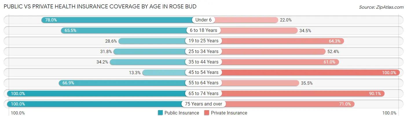 Public vs Private Health Insurance Coverage by Age in Rose Bud