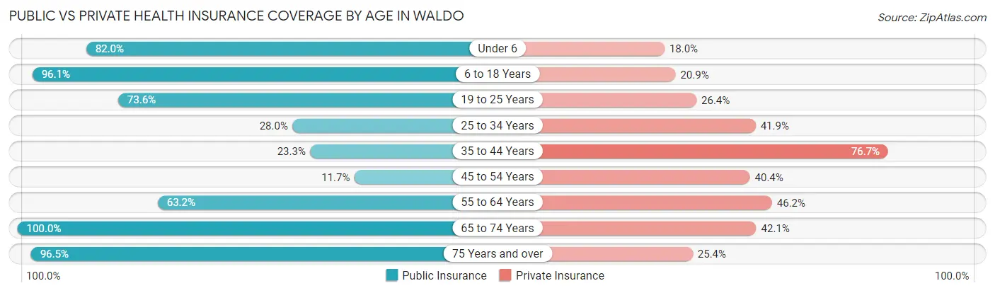 Public vs Private Health Insurance Coverage by Age in Waldo