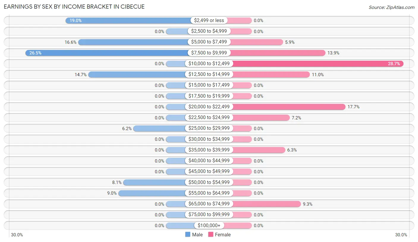 Earnings by Sex by Income Bracket in Cibecue