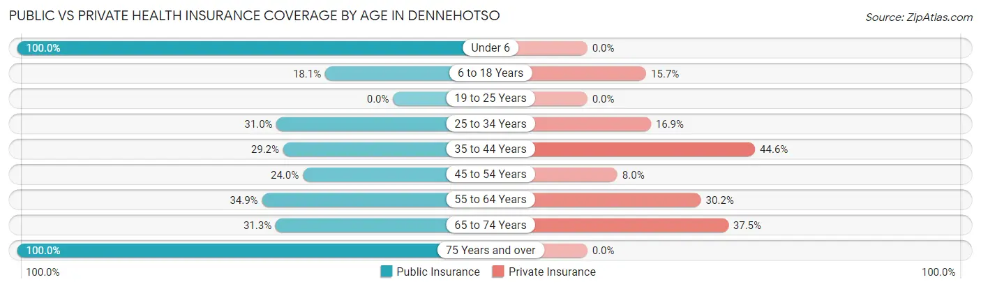 Public vs Private Health Insurance Coverage by Age in Dennehotso
