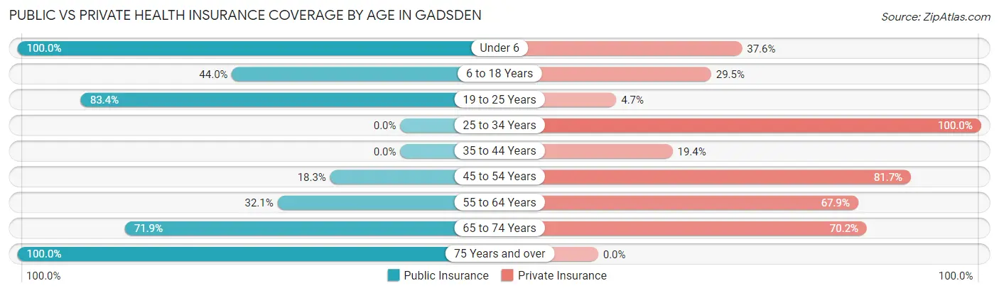 Public vs Private Health Insurance Coverage by Age in Gadsden