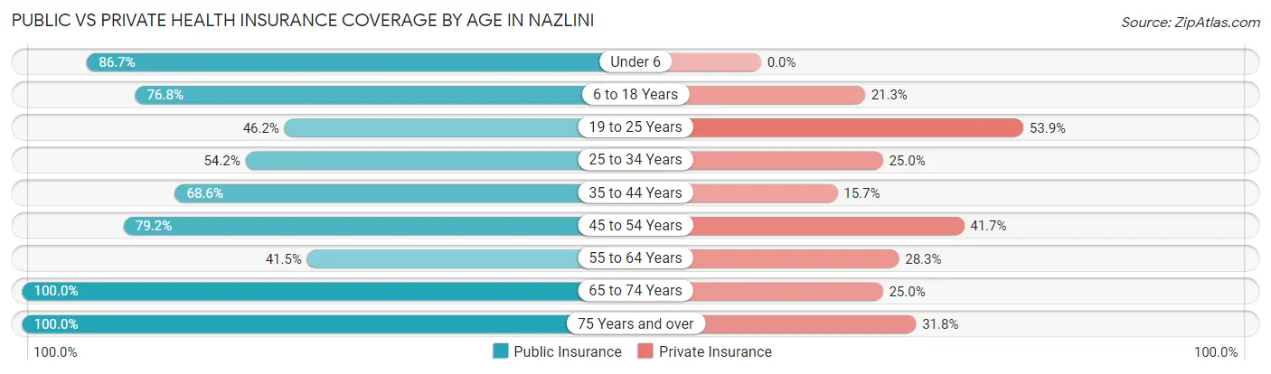 Public vs Private Health Insurance Coverage by Age in Nazlini