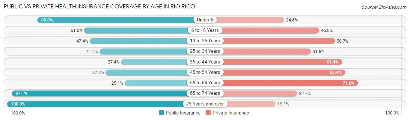 Public vs Private Health Insurance Coverage by Age in Rio Rico
