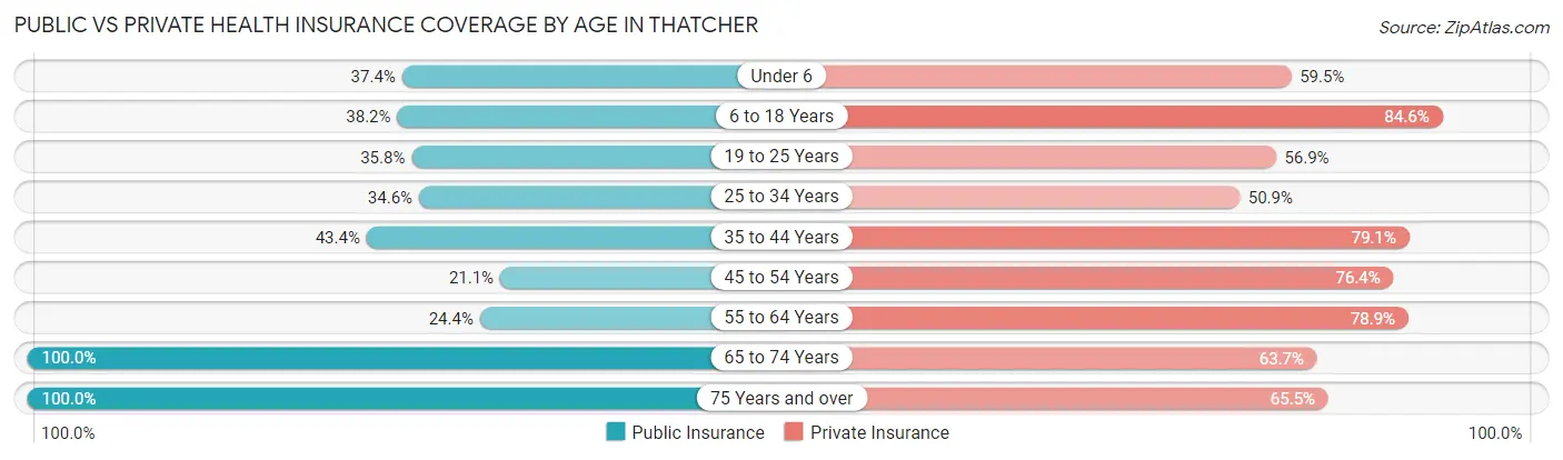 Public vs Private Health Insurance Coverage by Age in Thatcher