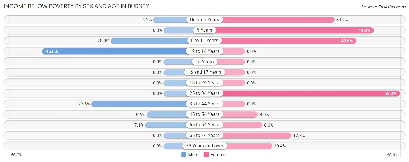 Income Below Poverty by Sex and Age in Burney