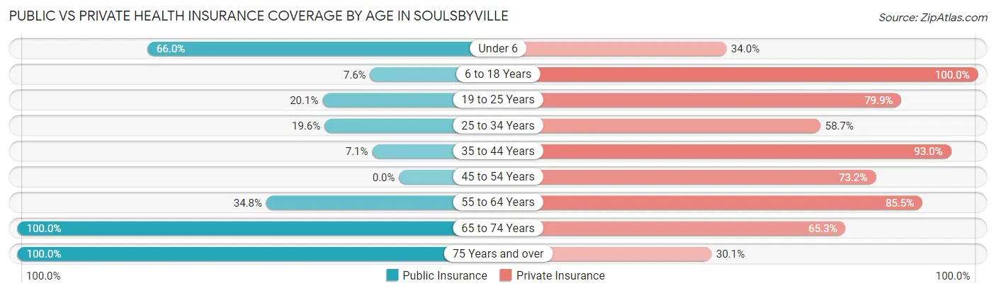 Public vs Private Health Insurance Coverage by Age in Soulsbyville