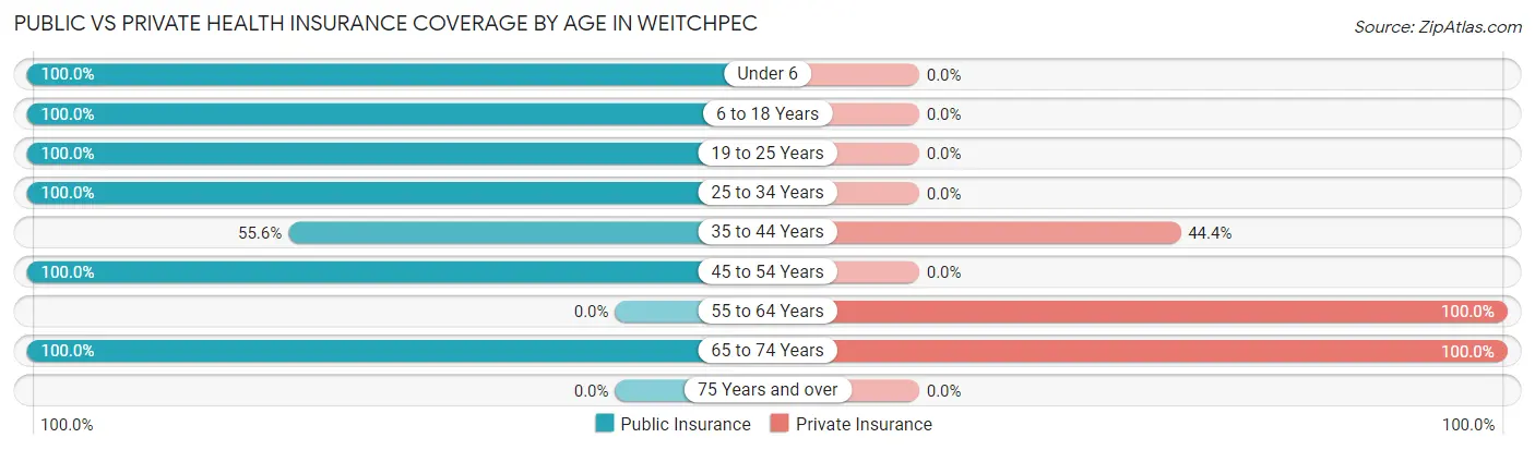 Public vs Private Health Insurance Coverage by Age in Weitchpec