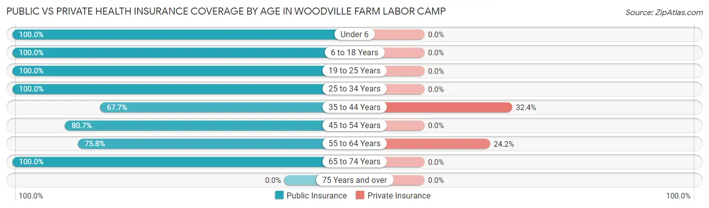 Public vs Private Health Insurance Coverage by Age in Woodville Farm Labor Camp