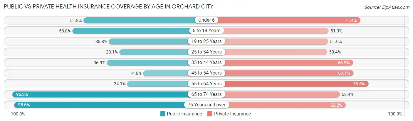 Public vs Private Health Insurance Coverage by Age in Orchard City