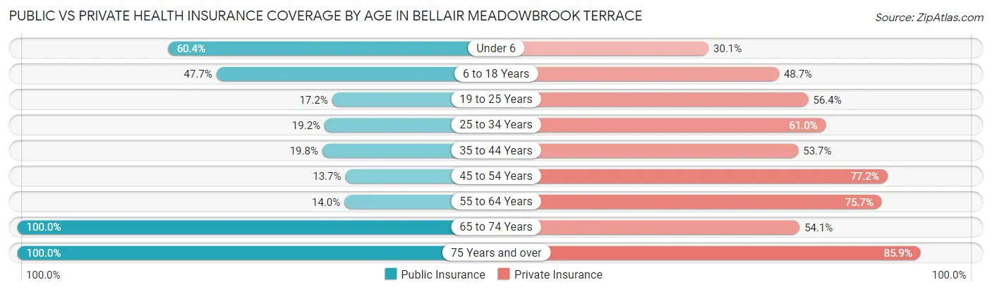 Public vs Private Health Insurance Coverage by Age in Bellair Meadowbrook Terrace