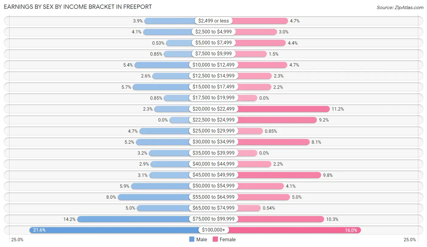 Earnings by Sex by Income Bracket in Freeport