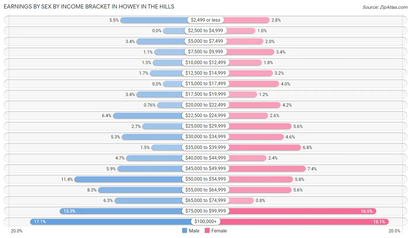 Earnings by Sex by Income Bracket in Howey In The Hills