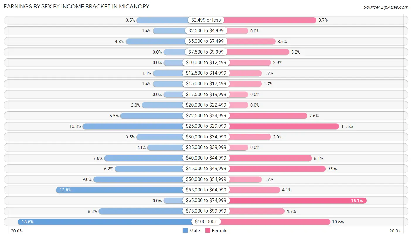 Earnings by Sex by Income Bracket in Micanopy