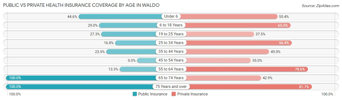 Public vs Private Health Insurance Coverage by Age in Waldo