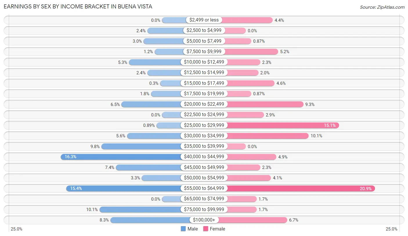 Earnings by Sex by Income Bracket in Buena Vista