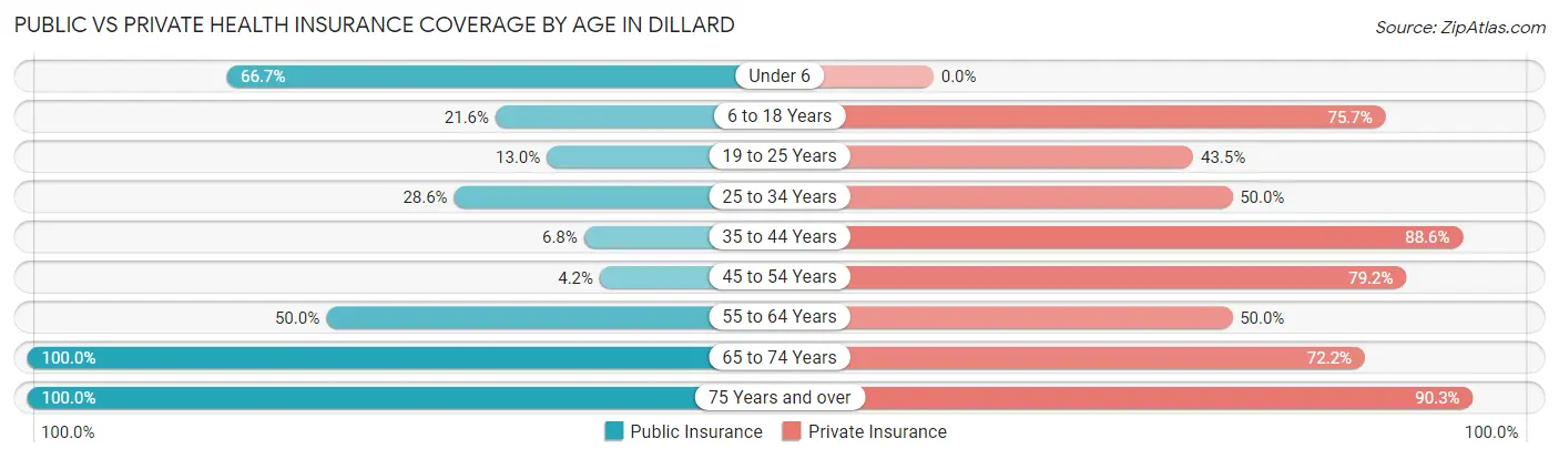 Public vs Private Health Insurance Coverage by Age in Dillard
