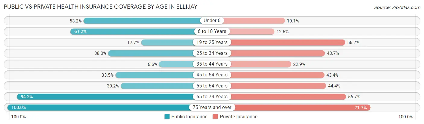 Public vs Private Health Insurance Coverage by Age in Ellijay