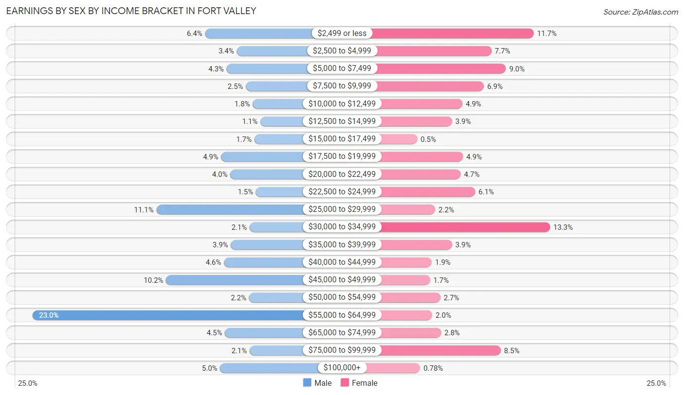 Earnings by Sex by Income Bracket in Fort Valley