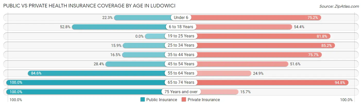 Public vs Private Health Insurance Coverage by Age in Ludowici