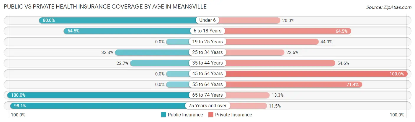 Public vs Private Health Insurance Coverage by Age in Meansville