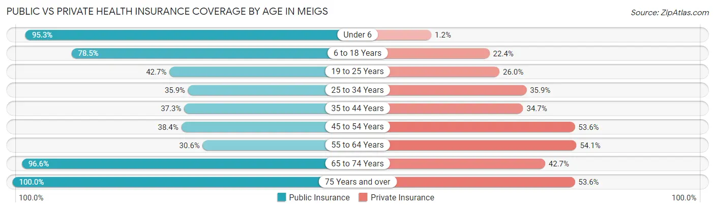 Public vs Private Health Insurance Coverage by Age in Meigs