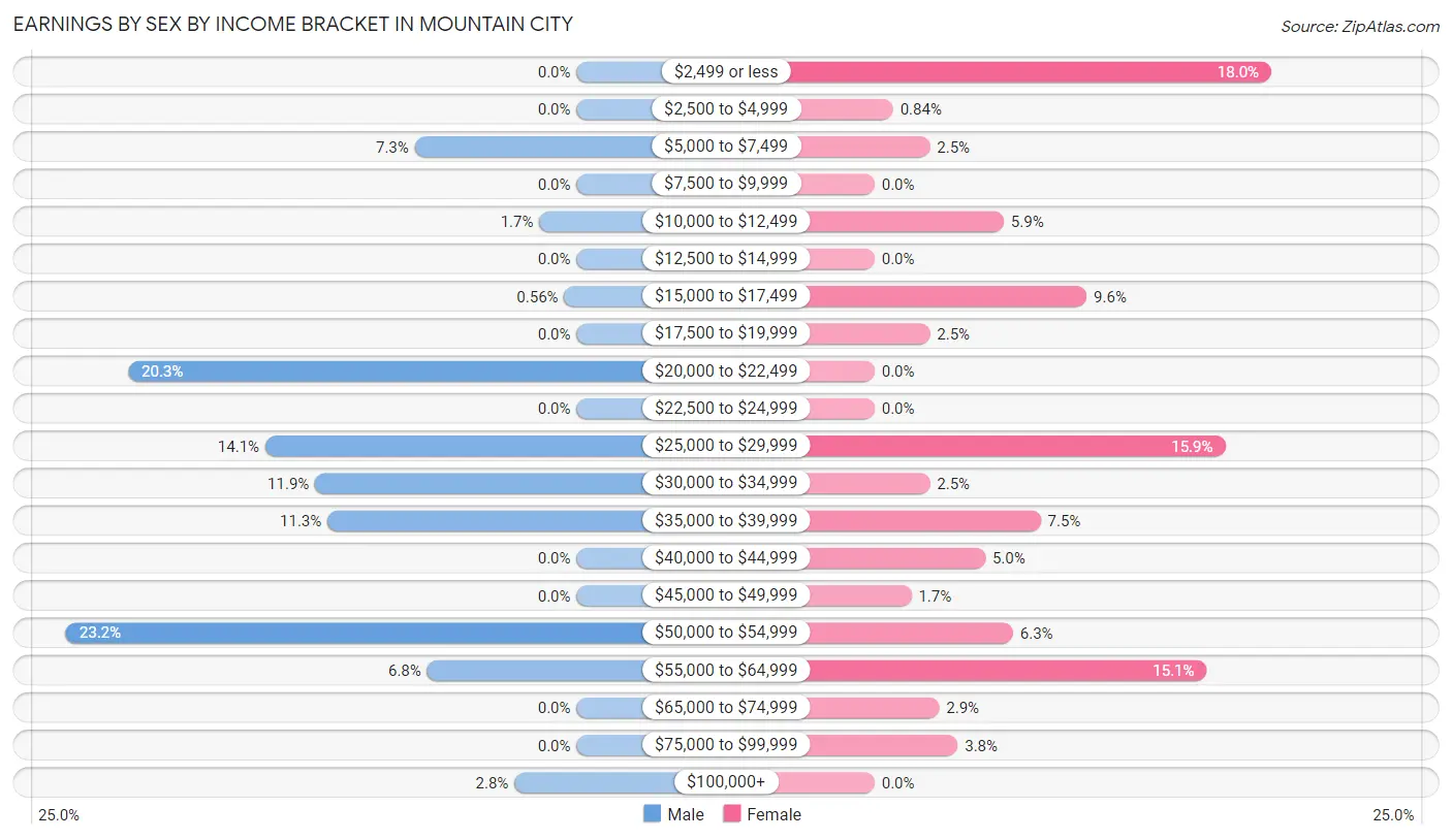 Earnings by Sex by Income Bracket in Mountain City