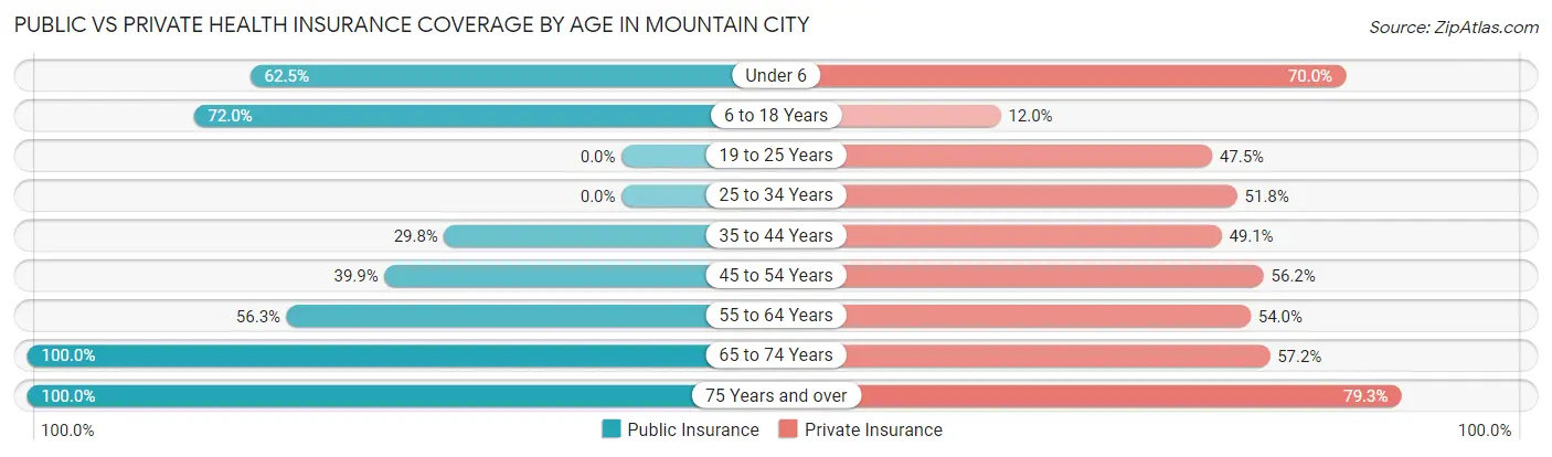 Public vs Private Health Insurance Coverage by Age in Mountain City