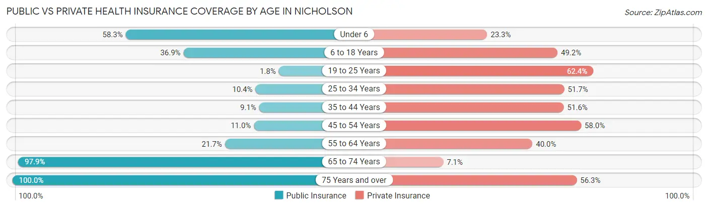 Public vs Private Health Insurance Coverage by Age in Nicholson