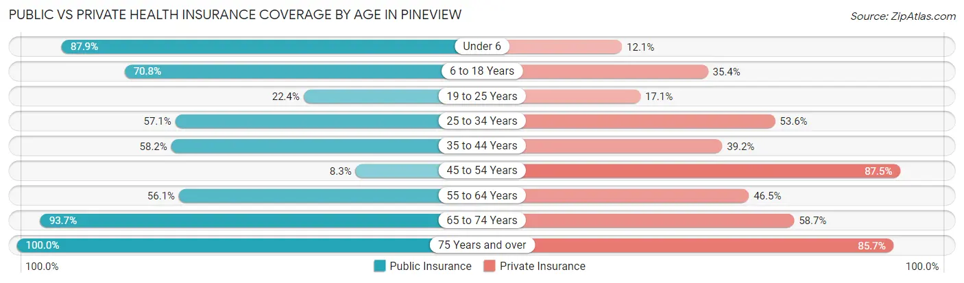 Public vs Private Health Insurance Coverage by Age in Pineview
